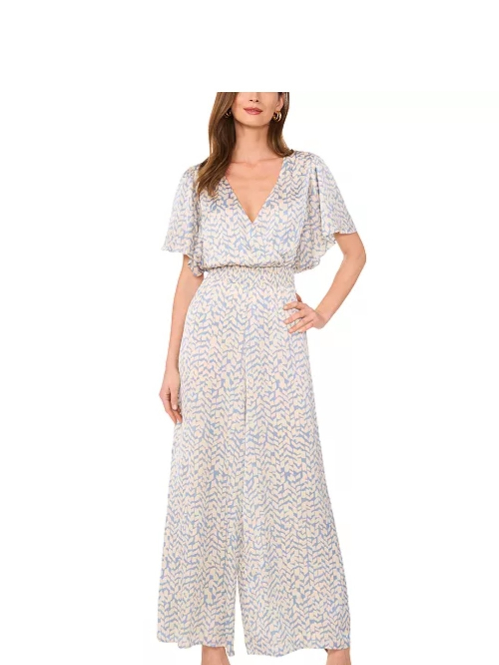 Vince Camuto Light Blue & Cream Printed V-Neck Jumpsuit Holiday Satin Resortwear